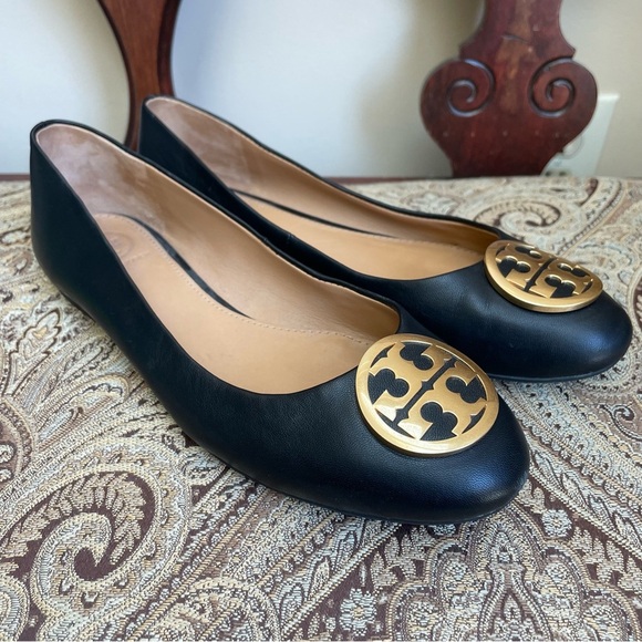 Tory Burch Benton Ballet Flats Shoes Black Nappa Leather Gold Tone Logo Size 7.5 - Picture 2 of 13
